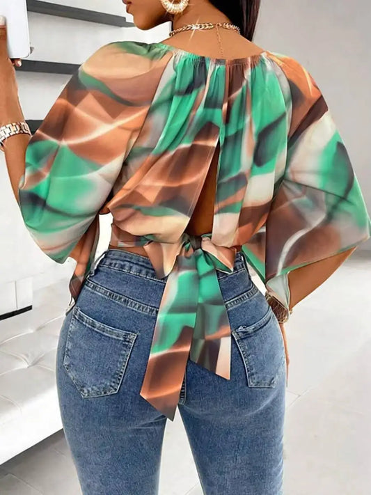 Women's Green Brown Tie Dye Print Batwing Sleeve Crop Top