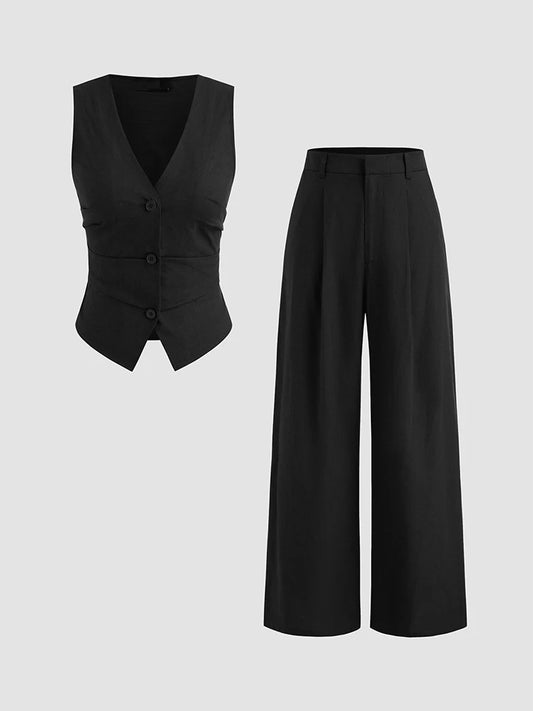 Women's V-Neck Sleeveless Vest And Mid-High Waist Wide Leg Pants Set