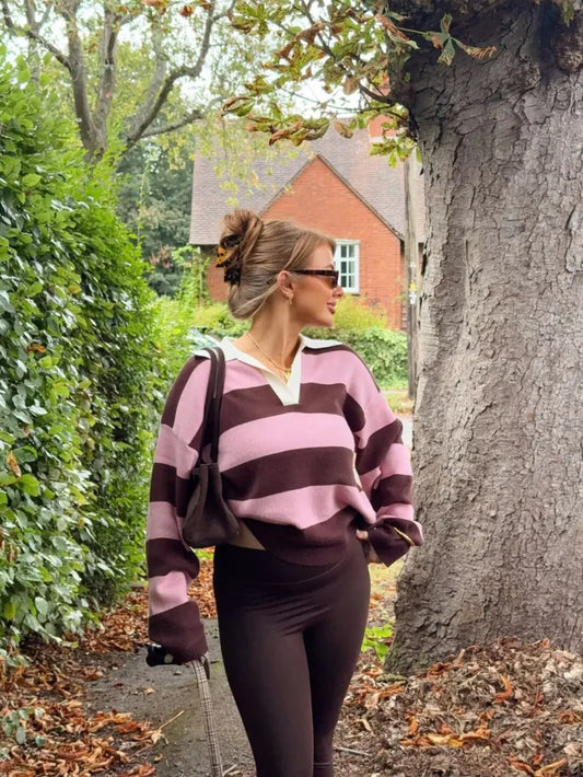 Women's stripe polo neck long-sleeved sweater