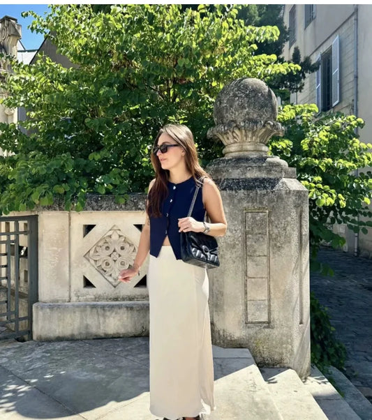 Women's round neck sleeveless flat stitch short top slim knit vest