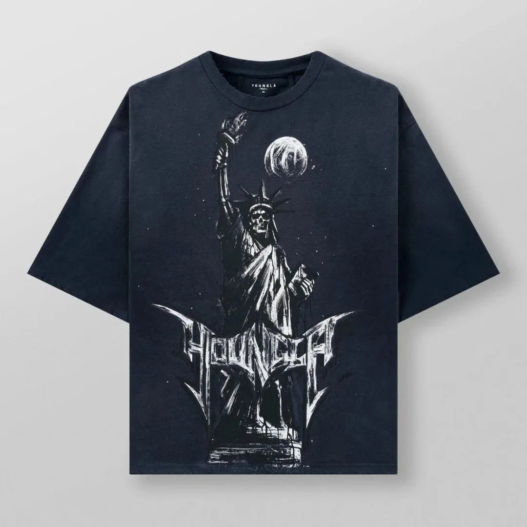 Men's Statue of Liberty letter print comfortable and breathable round neck T-shirt