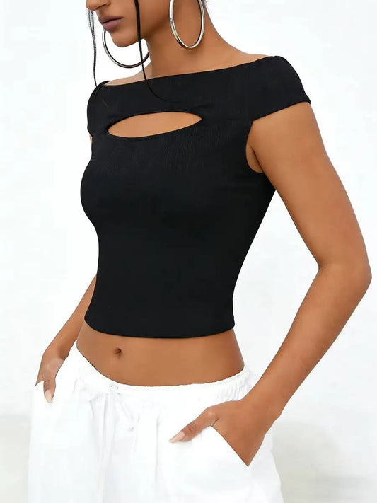 Women's Off Shoulder Cut Out Front Ribbed Knit Black Sexy Streetwear Crop Top