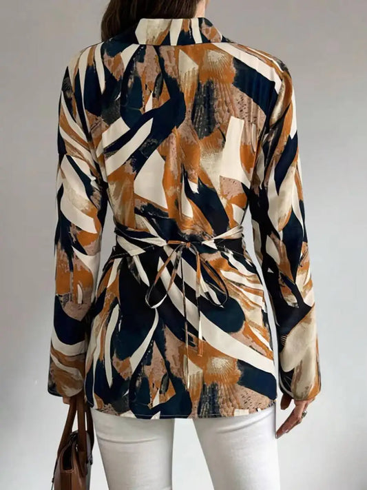 Women's Abstract Print Wrap Front Long Sleeve Top