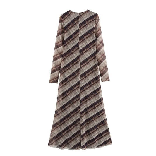 Women's plaid print silk mesh with long-sleeved dress