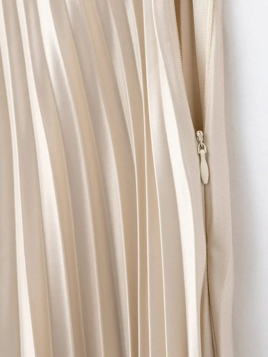Women's elastic waist A-line pleated MIDI silk satin skirt