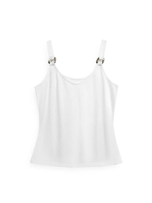 Women's White Ribbed Knit Metal Buckle Strap Top