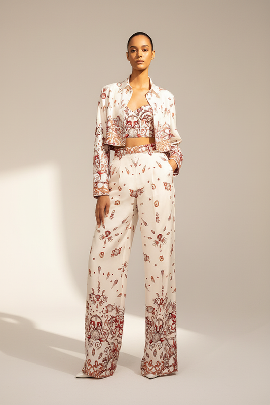 Model wearing baroque print three-piece set