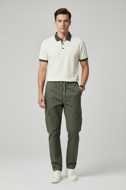 Model wearing olive cargo pants, cream polo shirt, and white sneakers