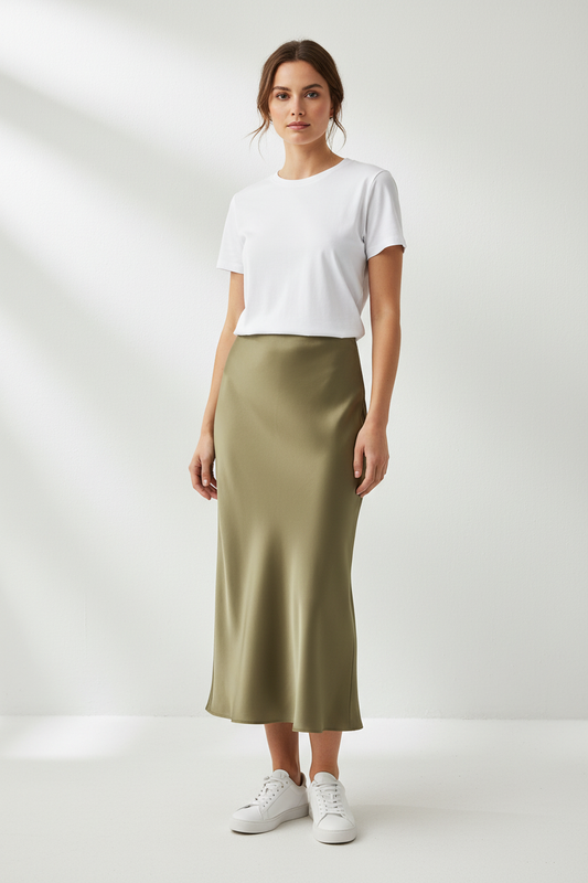 Woman wearing olive green satin skirt styled casually
