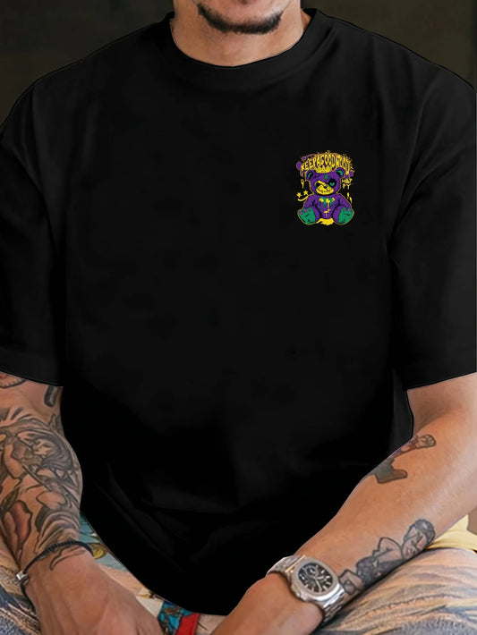 Men's Graffiti Bear Printed Comfortable and Breathable Round Neck T-shirt