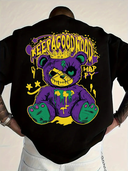 Men's Graffiti Bear Printed Comfortable and Breathable Round Neck T-shirt