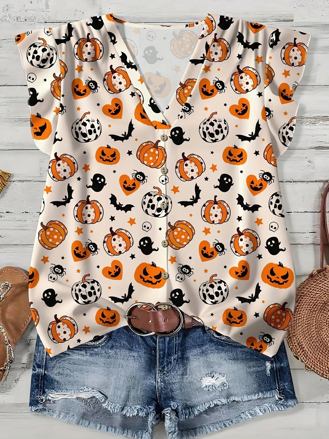 Women's V Neck Short Sleeve Halloween Print Button Down Casual Shirt