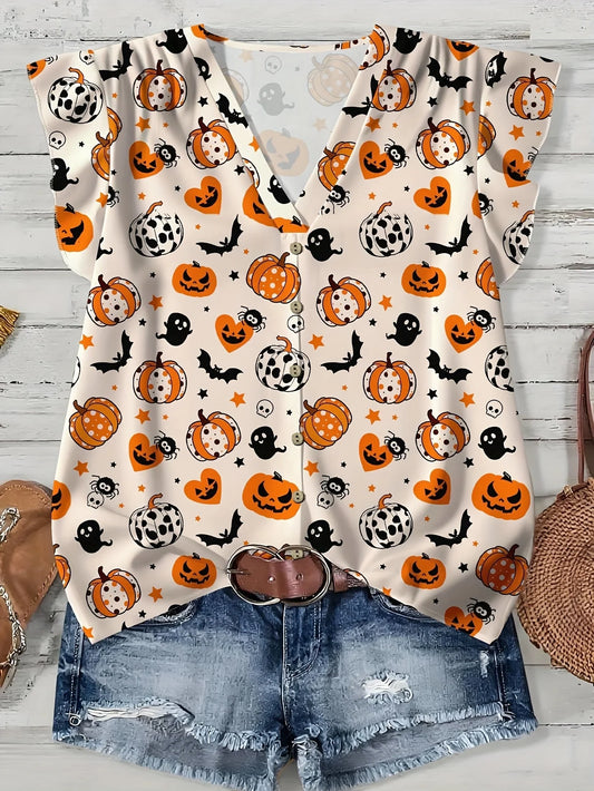 Women's V Neck Short Sleeve Halloween Print Button Down Casual Shirt