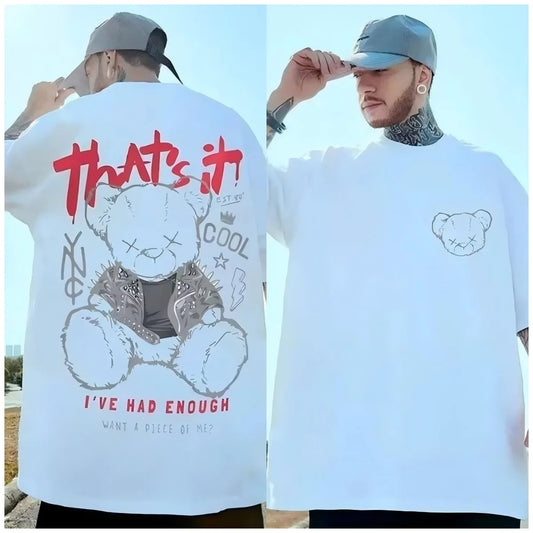 Men's personalized teddy bear letter print, comfortable and breathable round neck T-shirt