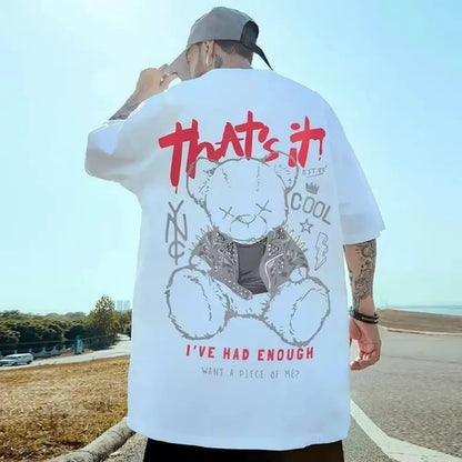 Men's personalized teddy bear letter print, comfortable and breathable round neck T-shirt