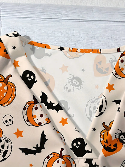 Women's V Neck Short Sleeve Halloween Print Button Down Casual Shirt