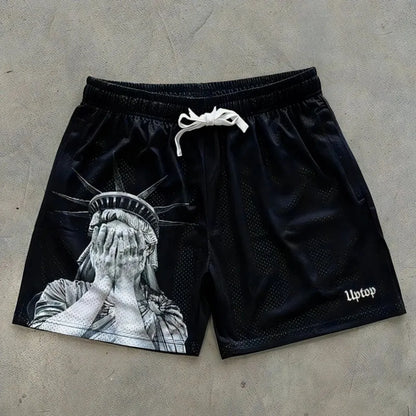 Men's Statue of Liberty print comfortable breathable drawstring shorts