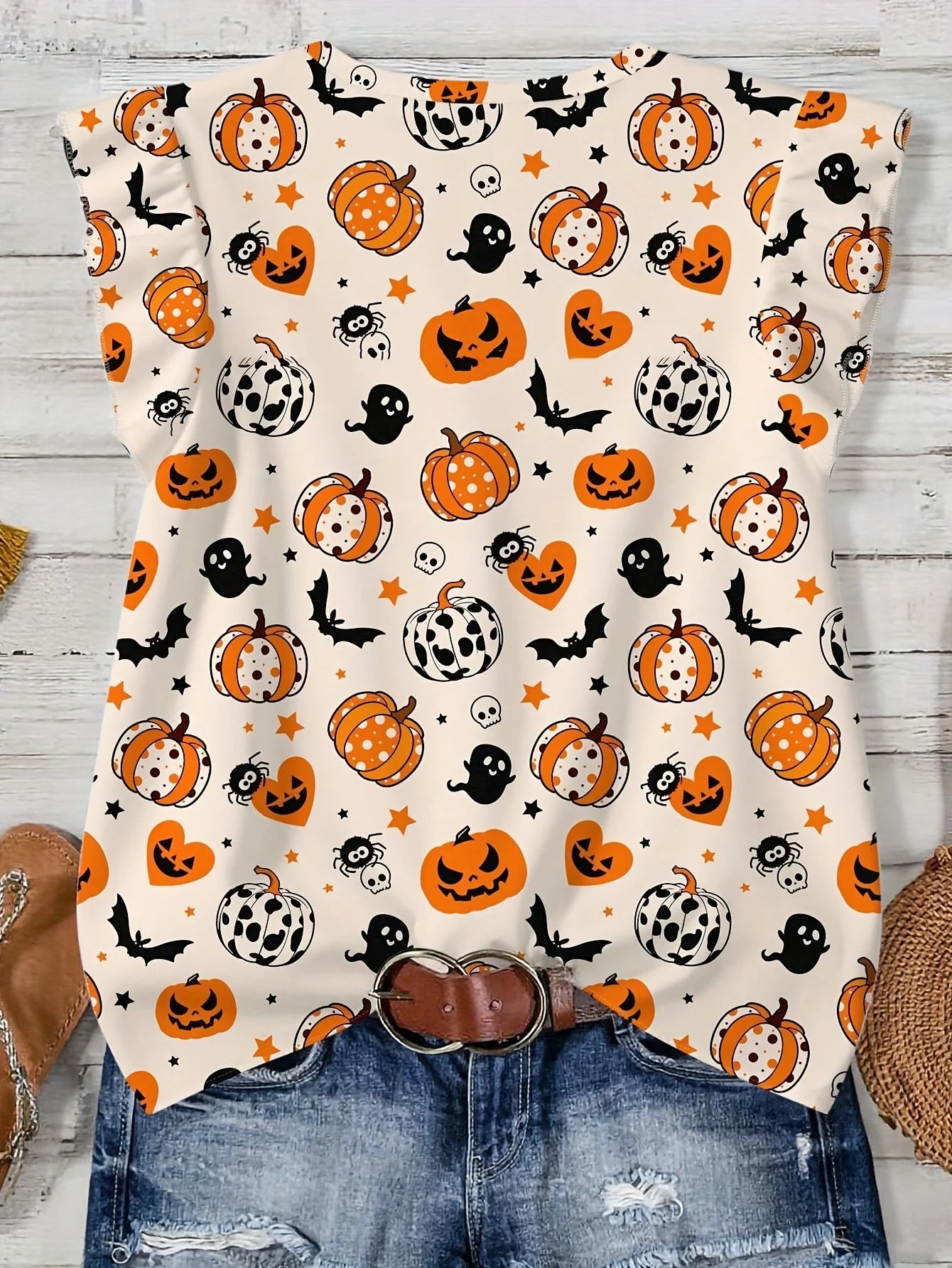 Women's V Neck Short Sleeve Halloween Print Button Down Casual Shirt