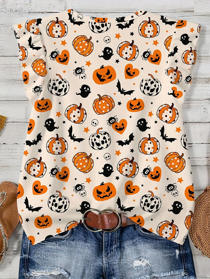 Women's V Neck Short Sleeve Halloween Print Button Down Casual Shirt